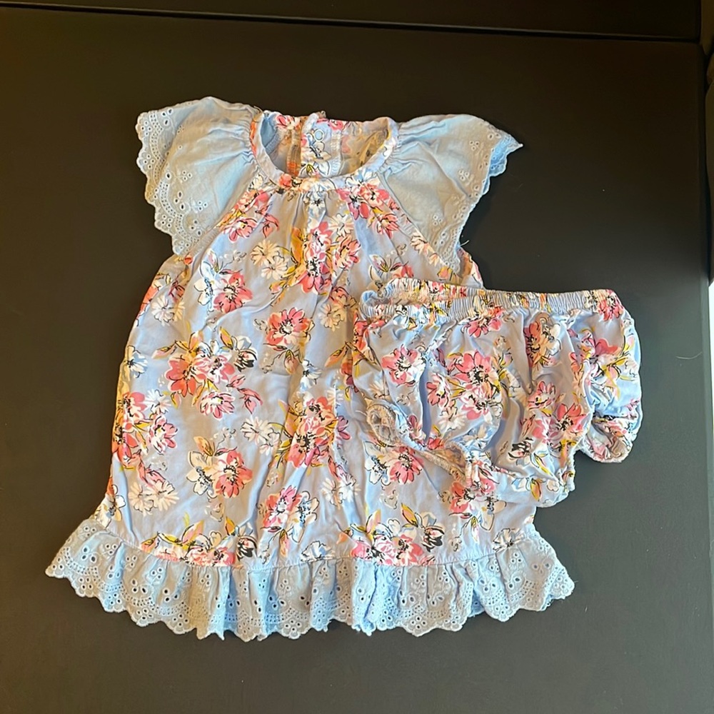 Baby Blue Baby’s Dress with Pink Floral design and Blue Lace Size 12 Month